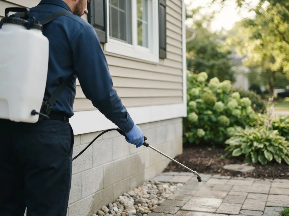 Pest control technician inspecting a home in Venango, NE